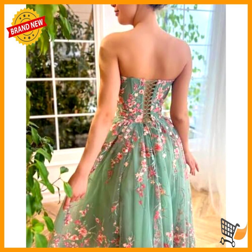 Strapless Tea Length Prom Dress with Pocket Floral Tulle Ball Gown - Picture 5 of 5